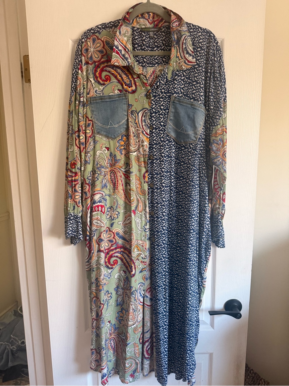 Printed paisley/denim Boho maxi duster